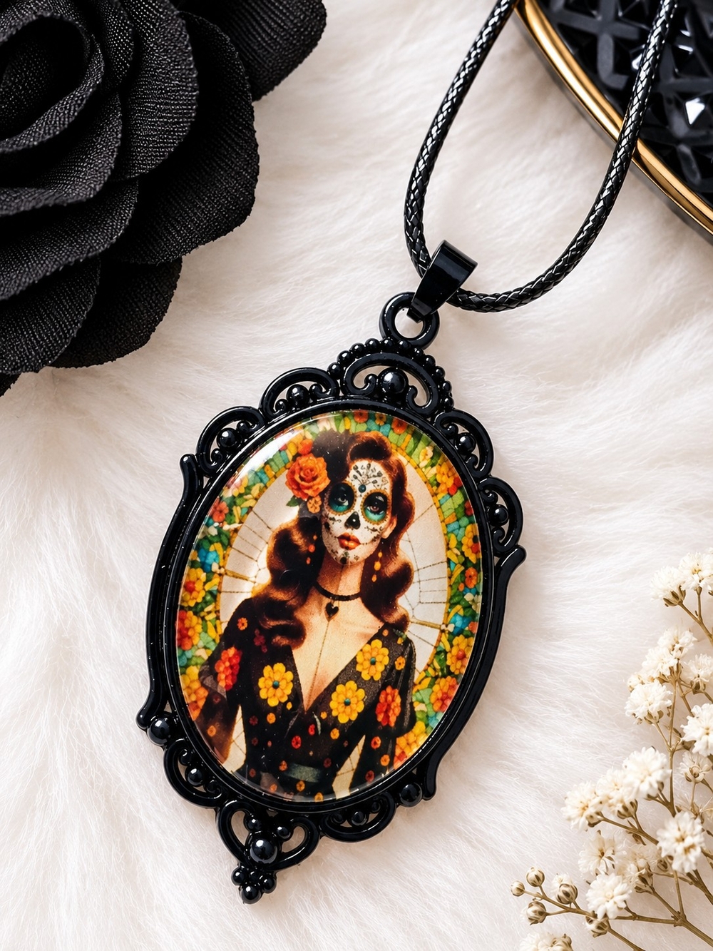 Black Day of the Dead Floral Cameo Pendant Necklace